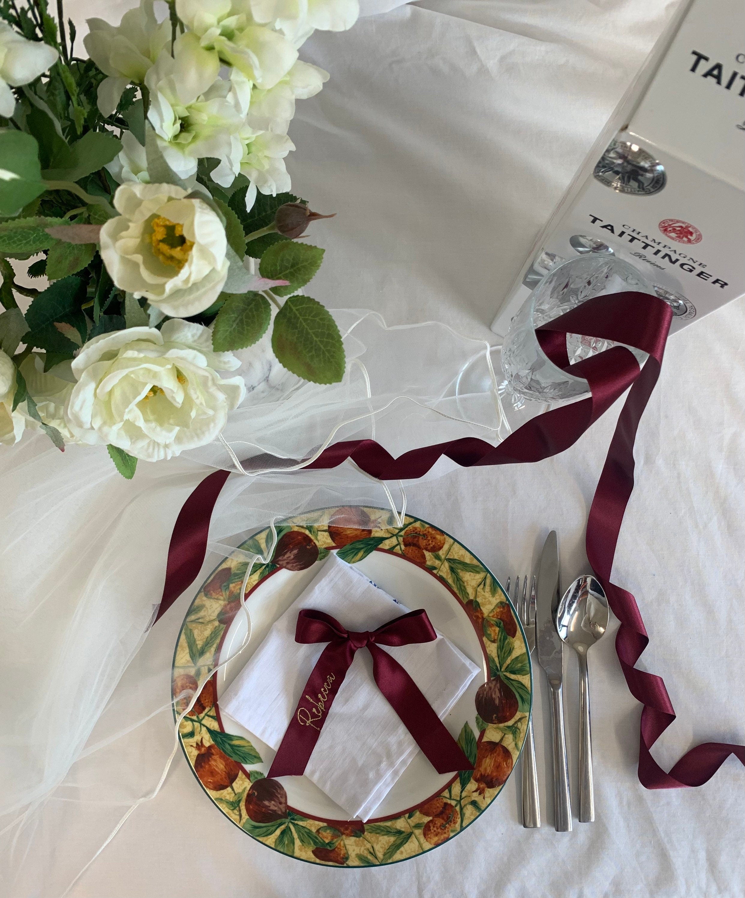 Embroidered Silk Ribbon Place Setting: Personalized Wedding Table Decor
