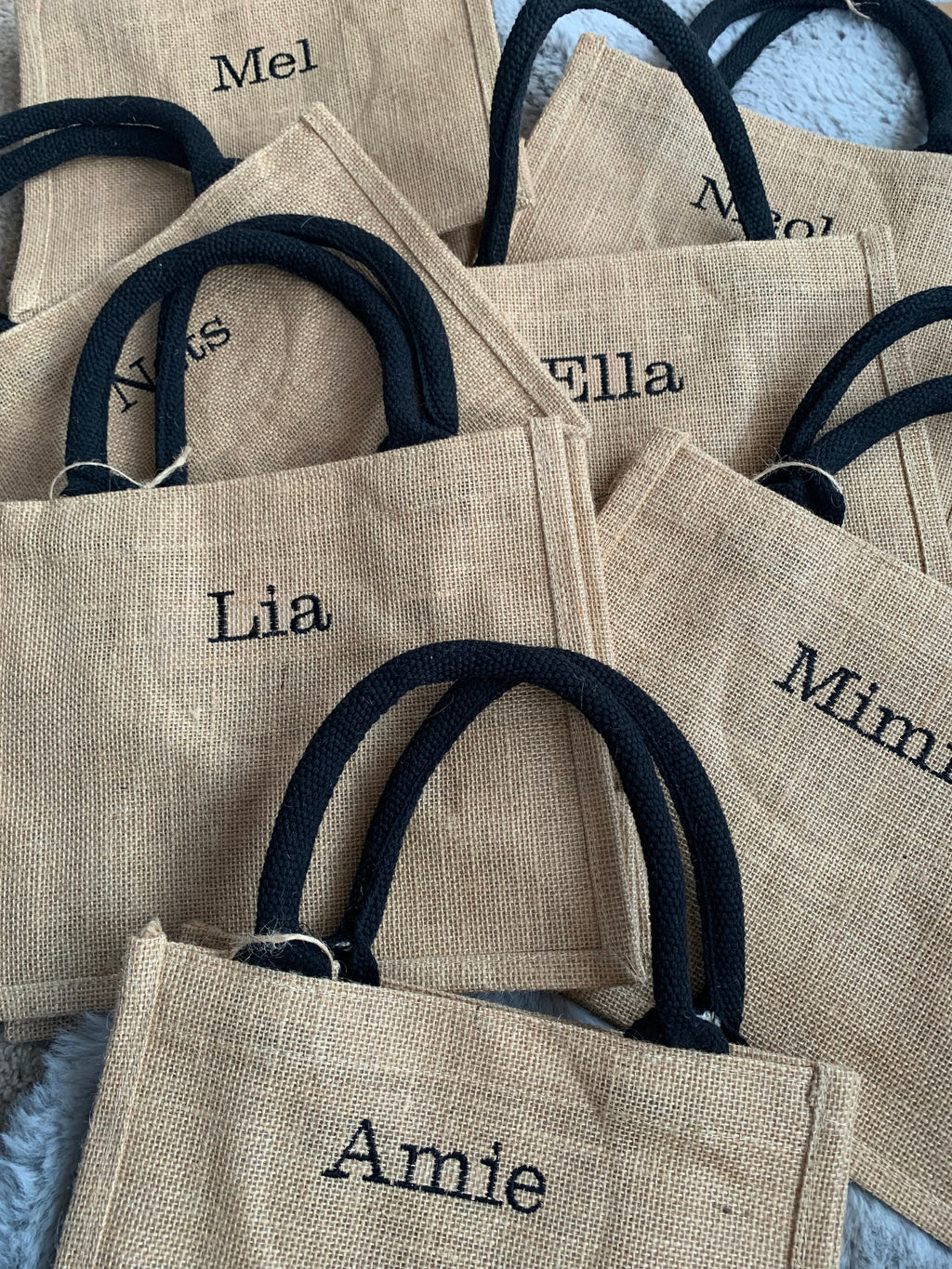 Personalized Embroidered Jute Gift Bags: Bridal Party Favor
