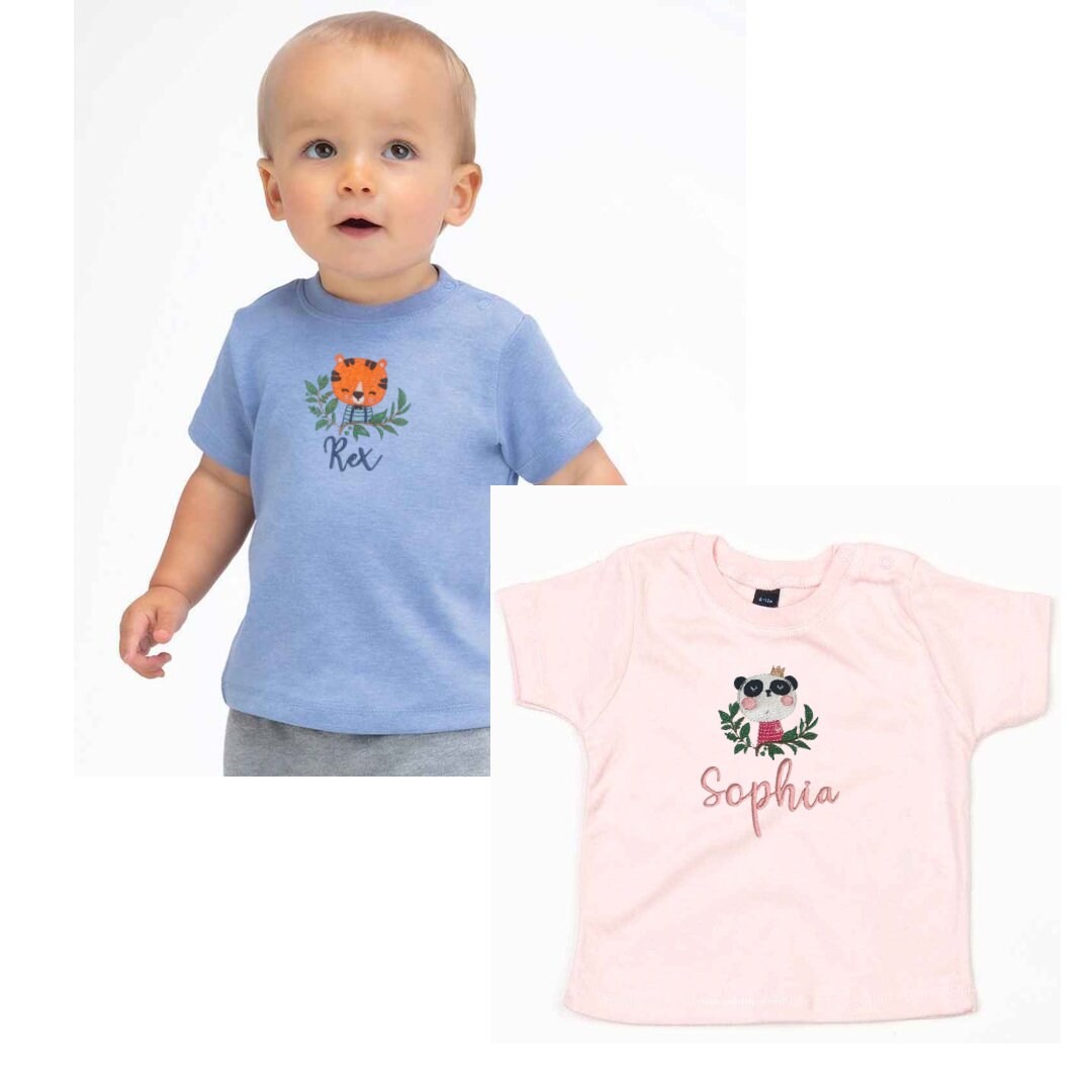 Personalized Embroidered Baby T-Shirt: Animal Design, Custom Name