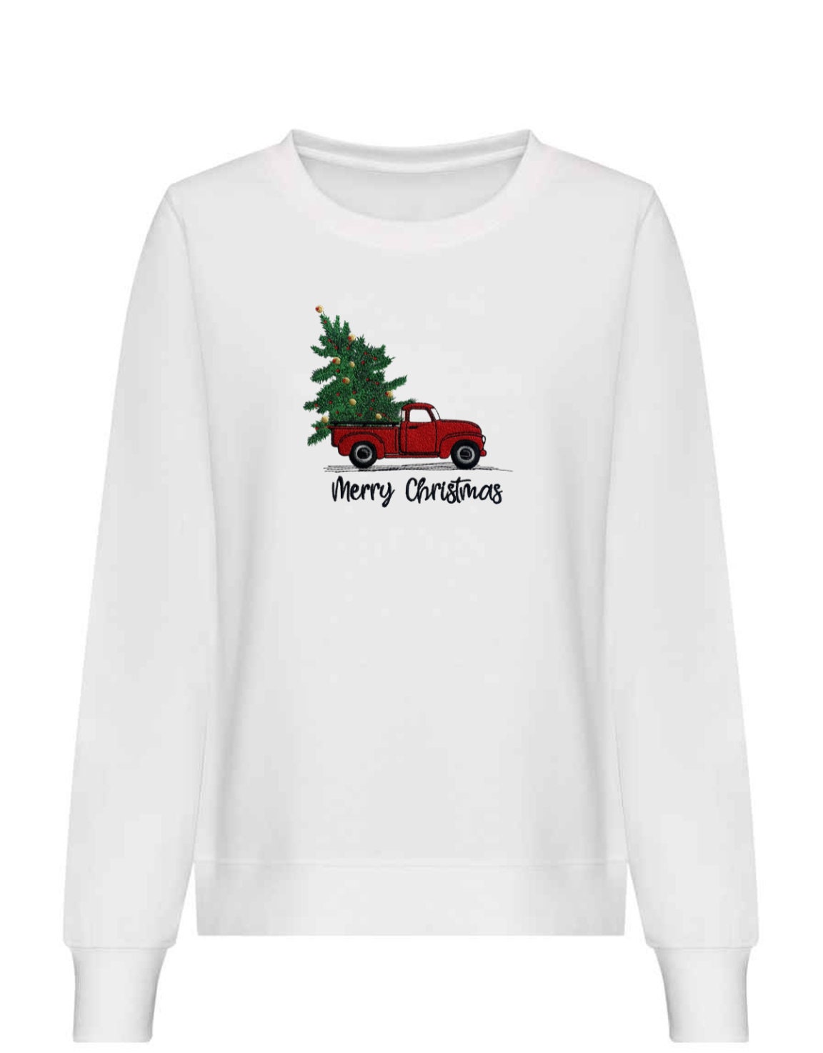 Embroidered Christmas Sweatshirt: Red Truck & Tree Jumper