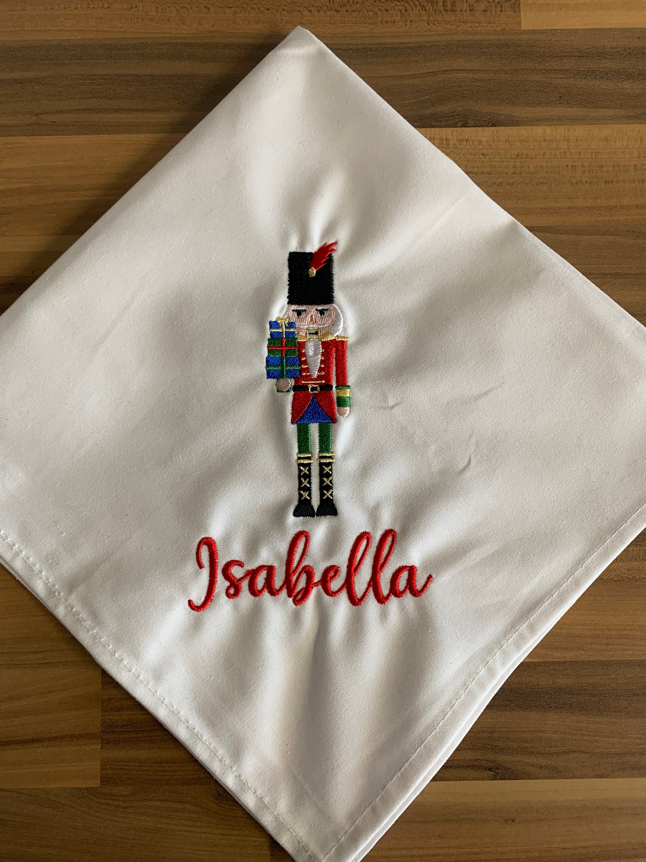 Personalized Embroidered Cotton Napkins: Christmas Nutcracker Place Setting