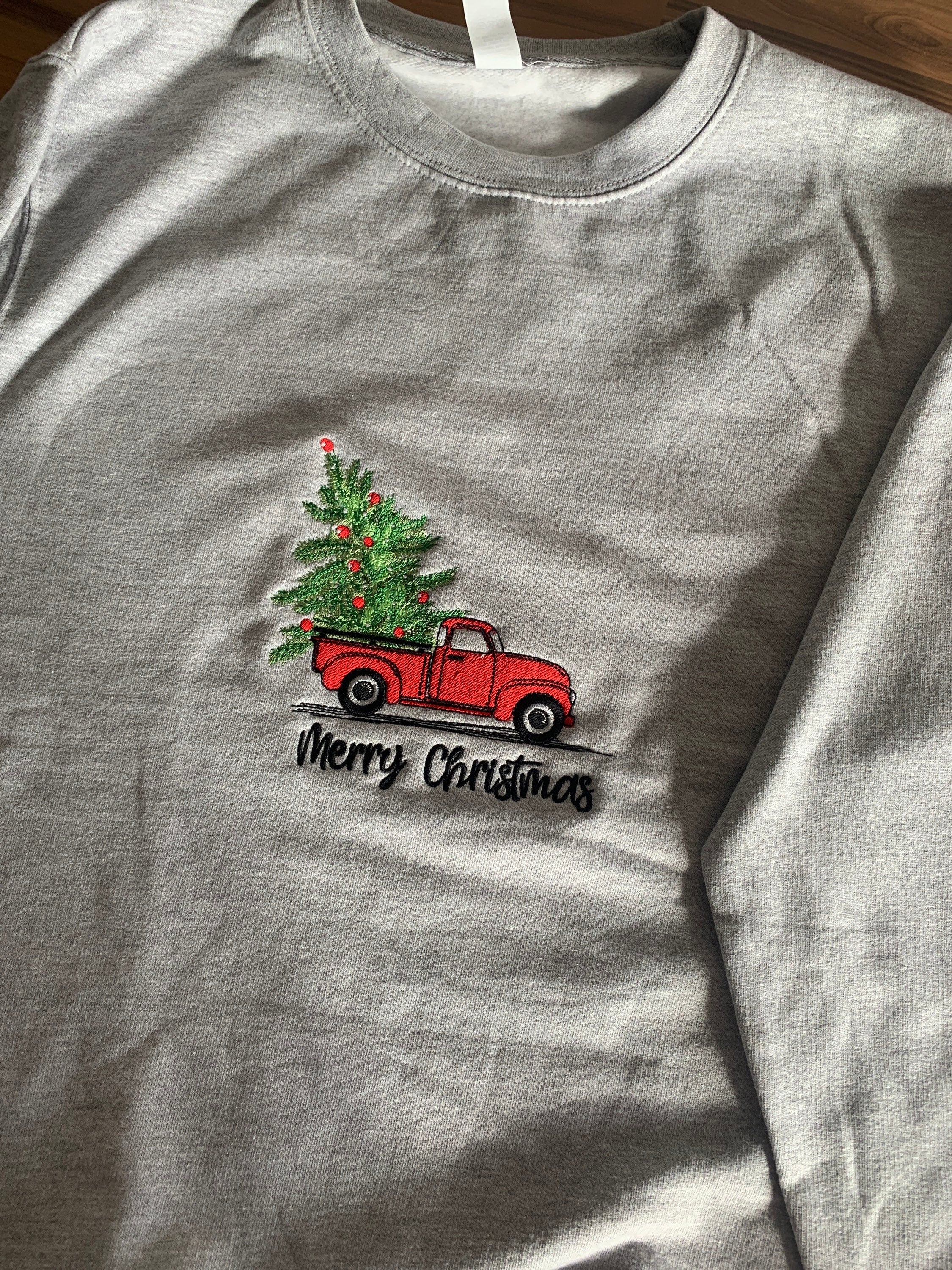 Embroidered Christmas Sweatshirt: Red Truck & Tree Jumper