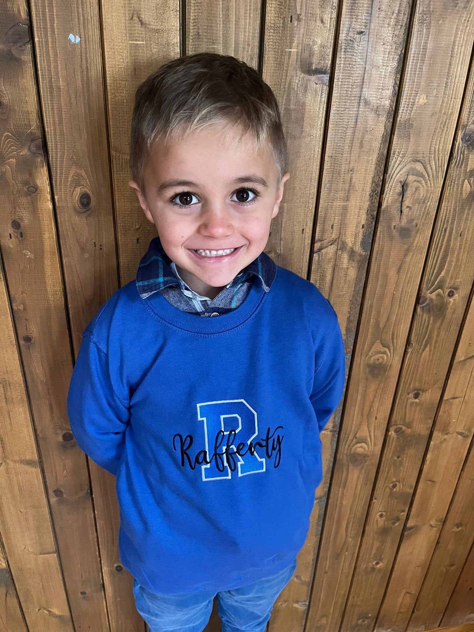 Personalized Kids Varsity Sweatshirt: Embroidered Initial Name Jumper