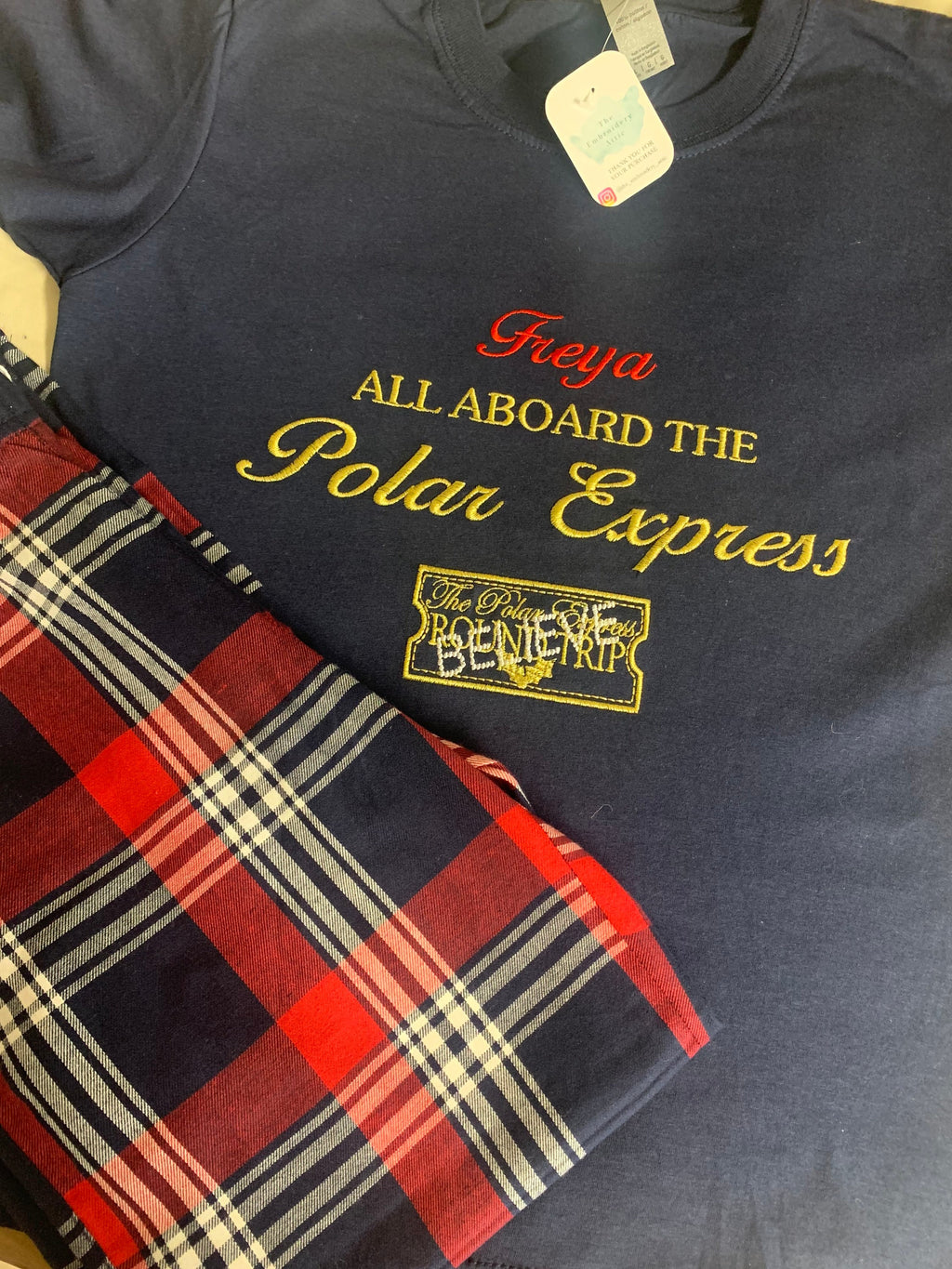 Personalized Polar Express Family Christmas Pyjamas: Navy Plaid PJs