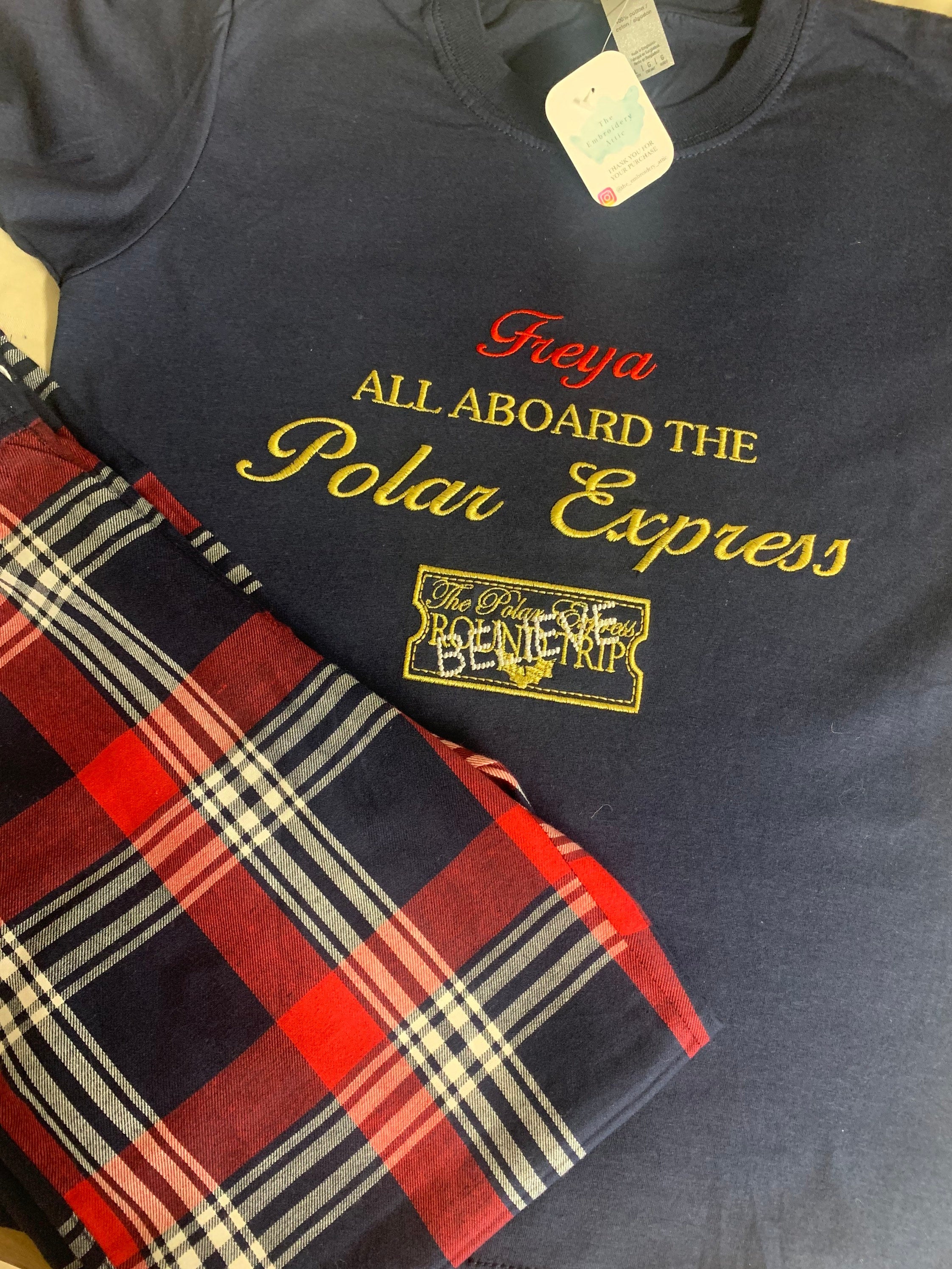 Personalized Polar Express Family Christmas Pyjamas: Navy Plaid PJs