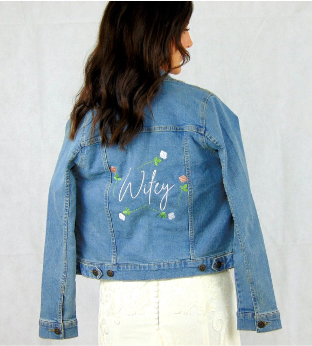 Embroidered Wifey Denim Jacket: Bridal Shower Gift, Hen Party