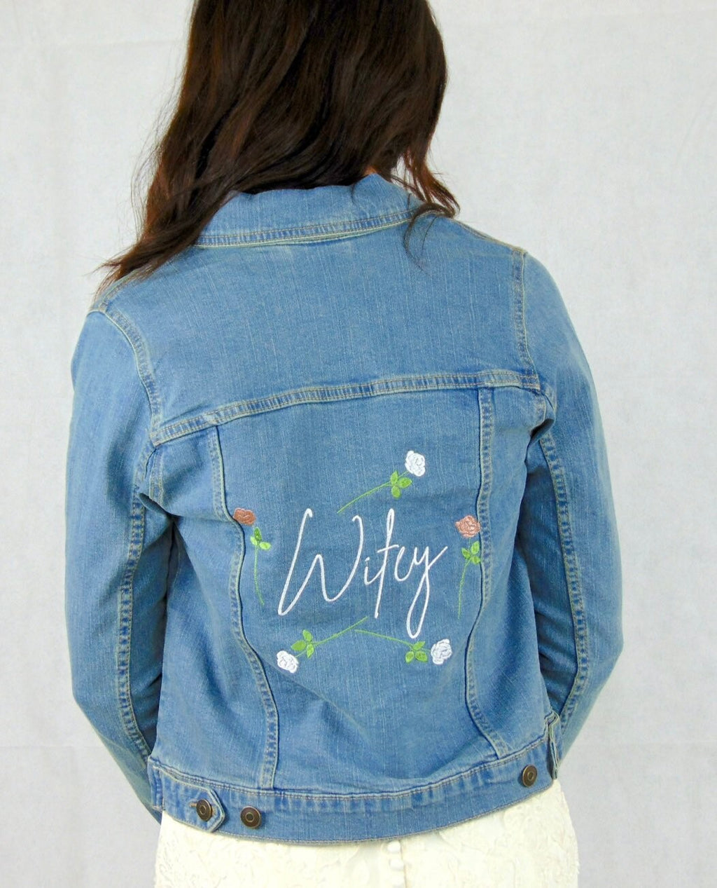 Embroidered Wifey Denim Jacket: Bridal Shower Gift, Hen Party