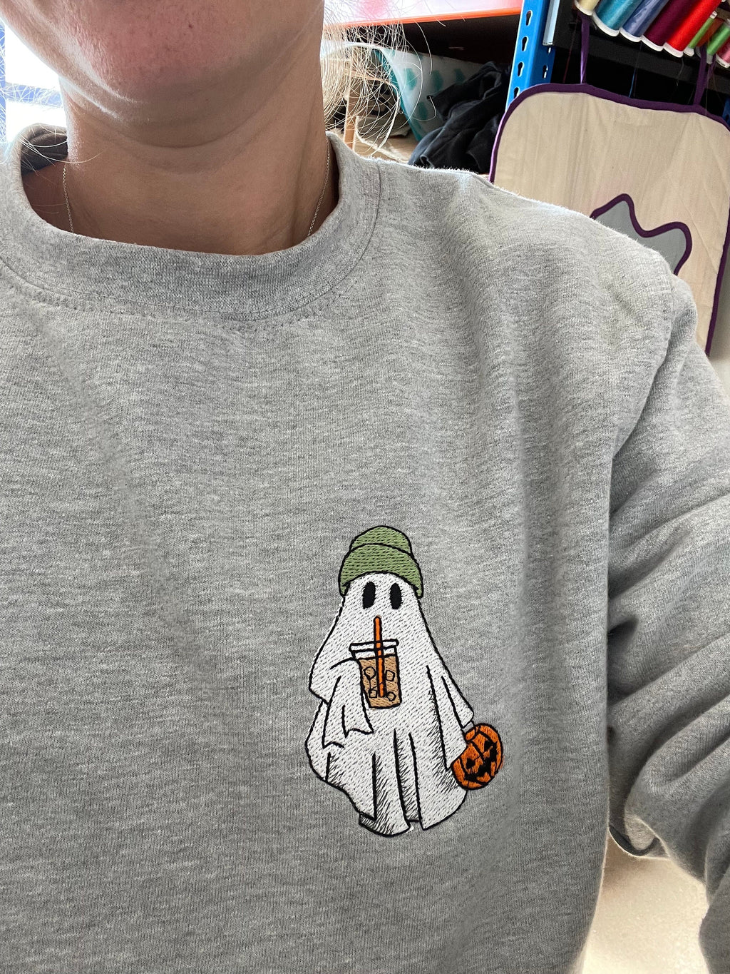 Embroidered Ghost Halloween Jumper: Custom Color Sweatshirt
