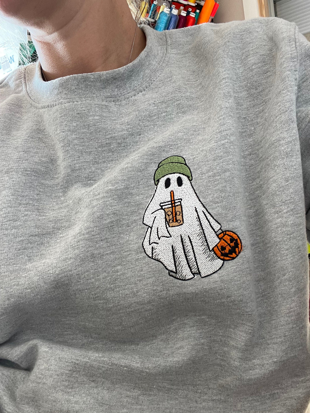 Embroidered Ghost Halloween Jumper: Custom Color Sweatshirt