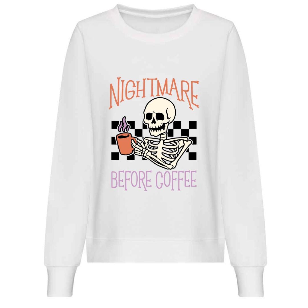 Nightmare Before Coffee Halloween Sweatshirt: Printed Skeleton Jumper